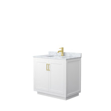 Load image into Gallery viewer, Wyndham Collection WCF292936SWGCMUNSMXX Miranda 36 Inch Single Bathroom Vanity in White, White Carrara Marble Countertop, Undermount Square Sink, Brushed Gold Trim