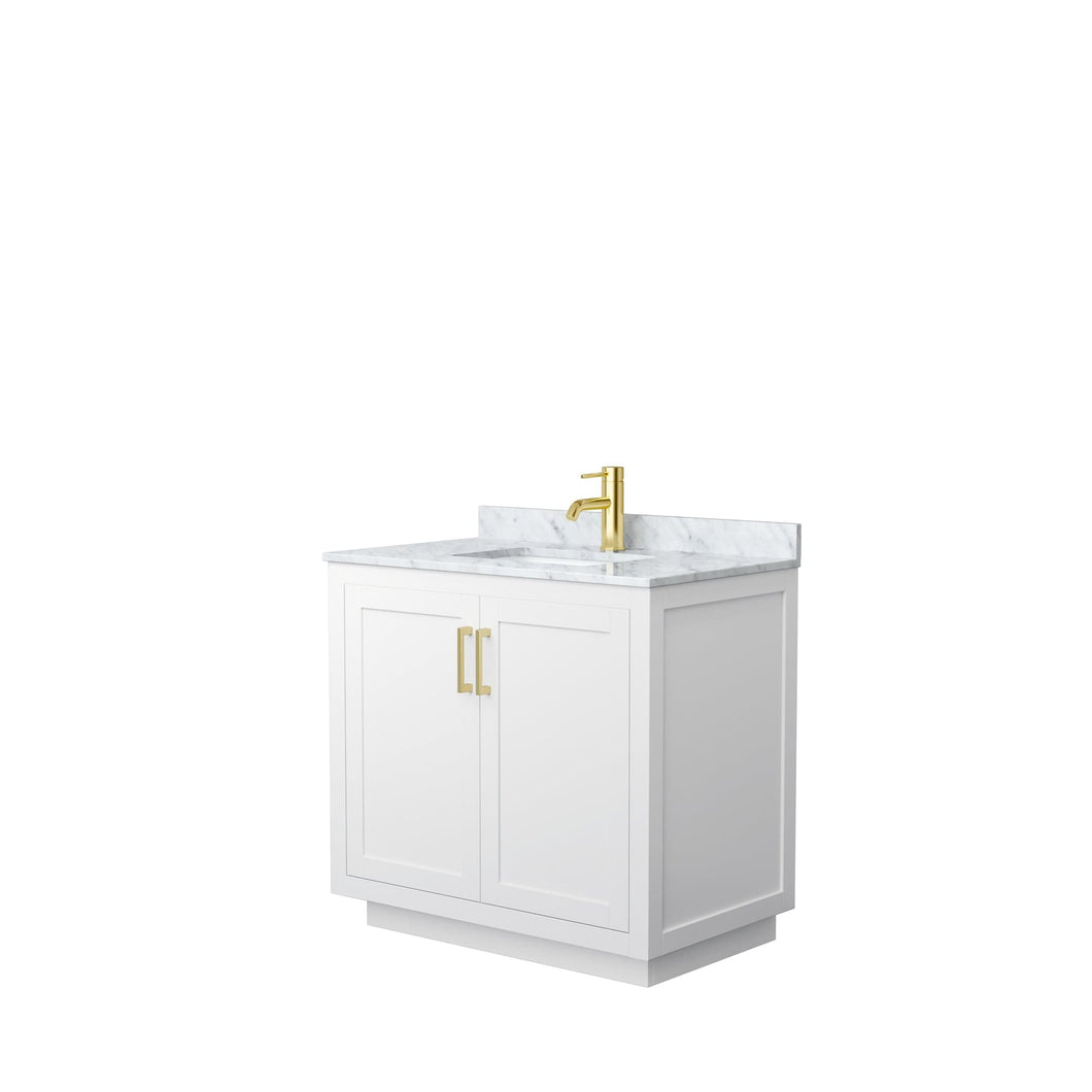Wyndham Collection WCF292936SWGCMUNSMXX Miranda 36 Inch Single Bathroom Vanity in White, White Carrara Marble Countertop, Undermount Square Sink, Brushed Gold Trim