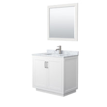 Load image into Gallery viewer, Wyndham Collection WCF292936SWHCMUNSM34 Miranda 36 Inch Single Bathroom Vanity in White, White Carrara Marble Countertop, Undermount Square Sink, Brushed Nickel Trim, 34 Inch Mirror
