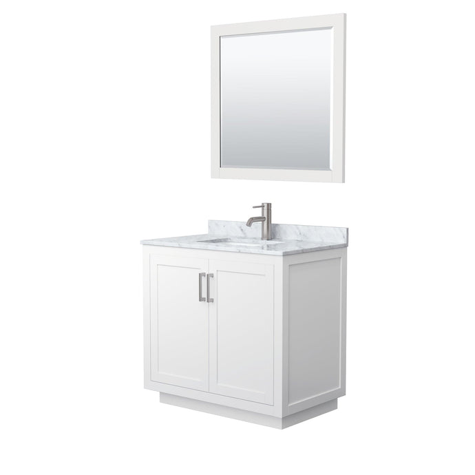 Wyndham Collection WCF292936SWHCMUNSM34 Miranda 36 Inch Single Bathroom Vanity in White, White Carrara Marble Countertop, Undermount Square Sink, Brushed Nickel Trim, 34 Inch Mirror