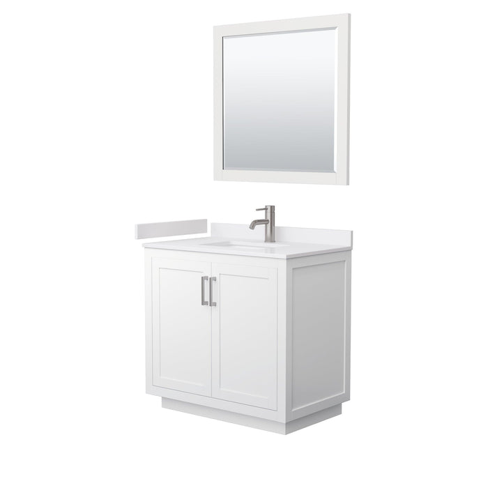 Wyndham Collection WCF292936SWHWCUNSM34 Miranda 36 Inch Single Bathroom Vanity in White, White Cultured Marble Countertop, Undermount Square Sink, Brushed Nickel Trim, 34 Inch Mirror