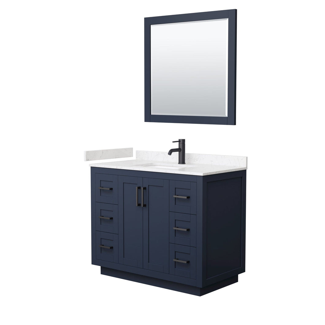 Wyndham Collection WCF292942SBBC2UNSM34 Miranda 42 Inch Single Bathroom Vanity in Dark Blue, Light-Vein Carrara Cultured Marble Countertop, Undermount Square Sink, Matte Black Trim, 34 Inch Mirror