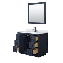 Load image into Gallery viewer, Wyndham Collection WCF292942SBBCMUNSM34 Miranda 42 Inch Single Bathroom Vanity in Dark Blue, White Carrara Marble Countertop, Undermount Square Sink, Matte Black Trim, 34 Inch Mirror