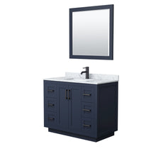 Load image into Gallery viewer, Wyndham Collection WCF292942SBBCMUNSM34 Miranda 42 Inch Single Bathroom Vanity in Dark Blue, White Carrara Marble Countertop, Undermount Square Sink, Matte Black Trim, 34 Inch Mirror