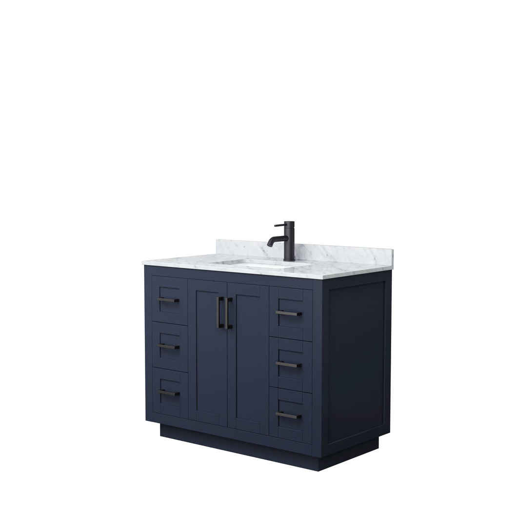 Wyndham Collection WCF292942SBBCMUNSMXX Miranda 42 Inch Single Bathroom Vanity in Dark Blue, White Carrara Marble Countertop, Undermount Square Sink, Matte Black Trim