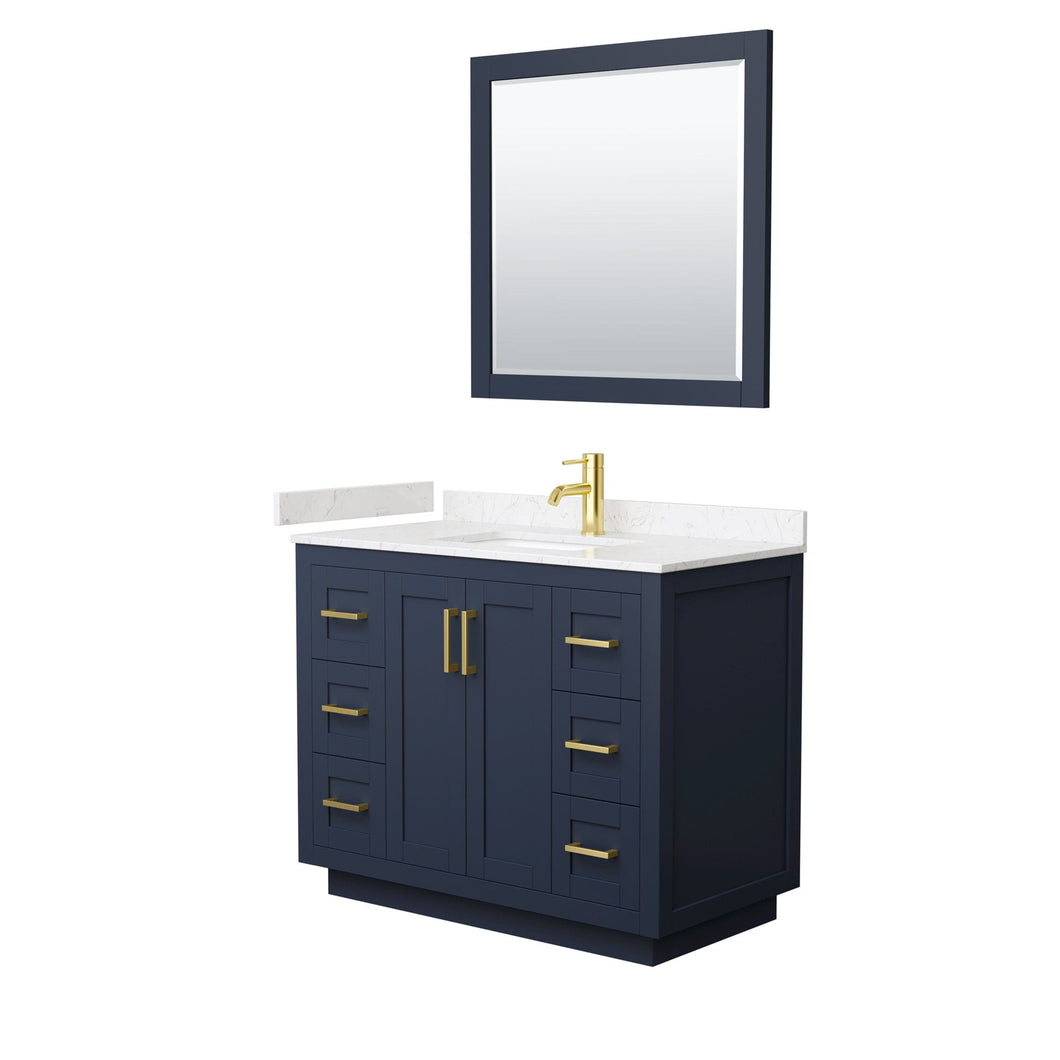 Wyndham Collection WCF292942SBLC2UNSM34 Miranda 42 Inch Single Bathroom Vanity in Dark Blue, Light-Vein Carrara Cultured Marble Countertop, Undermount Square Sink, Brushed Gold Trim, 34 Inch Mirror