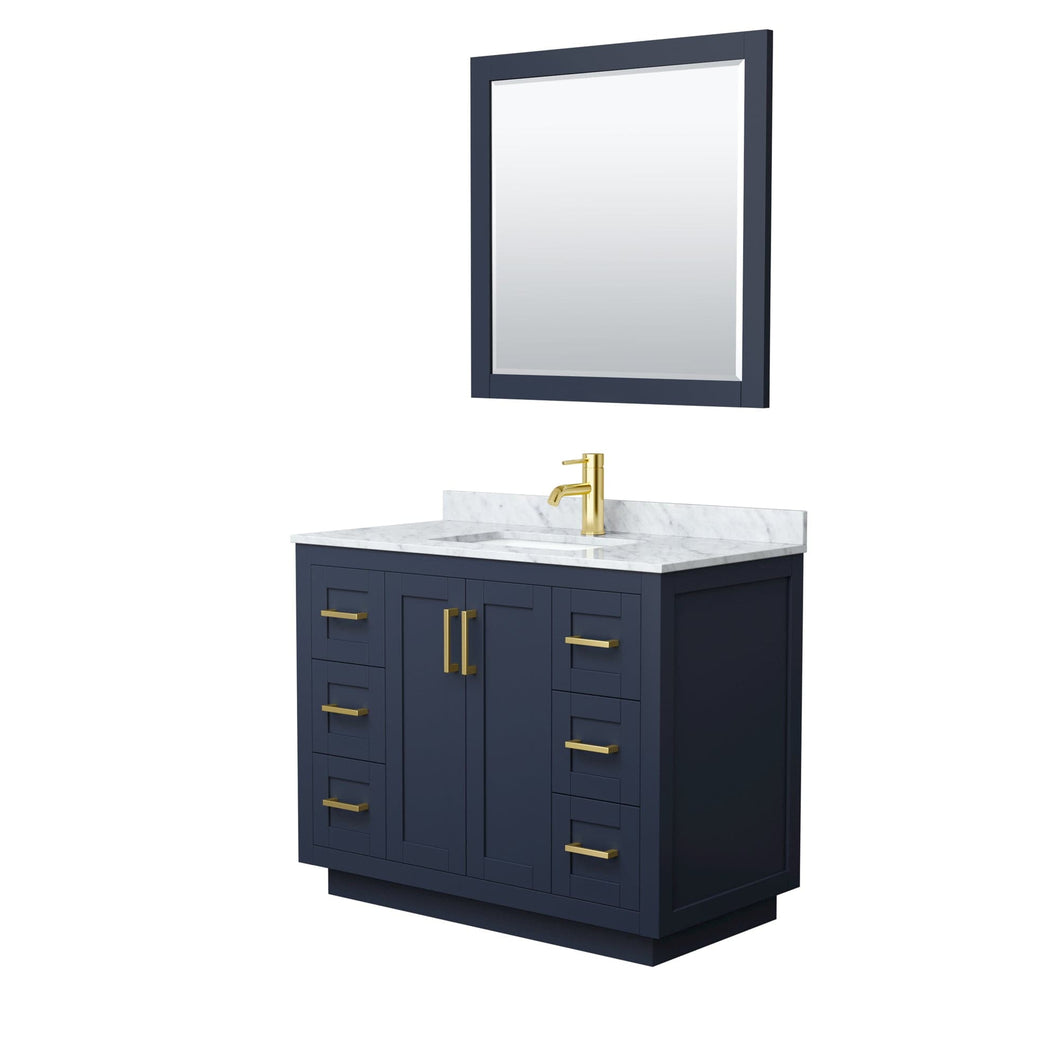 Wyndham Collection WCF292942SBLCMUNSM34 Miranda 42 Inch Single Bathroom Vanity in Dark Blue, White Carrara Marble Countertop, Undermount Square Sink, Brushed Gold Trim, 34 Inch Mirror