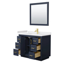 Load image into Gallery viewer, Wyndham Collection WCF292942SBLWCUNSM34 Miranda 42 Inch Single Bathroom Vanity in Dark Blue, White Cultured Marble Countertop, Undermount Square Sink, Brushed Gold Trim, 34 Inch Mirror