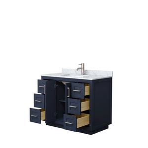 Wyndham Collection WCF292942SBNCMUNSMXX Miranda 42 Inch Single Bathroom Vanity in Dark Blue, White Carrara Marble Countertop, Undermount Square Sink, Brushed Nickel Trim
