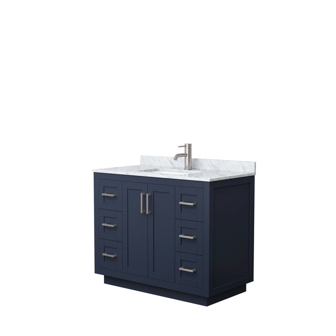 Wyndham Collection WCF292942SBNCMUNSMXX Miranda 42 Inch Single Bathroom Vanity in Dark Blue, White Carrara Marble Countertop, Undermount Square Sink, Brushed Nickel Trim