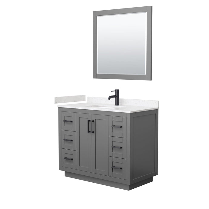 Wyndham Collection WCF292942SGBC2UNSM34 Miranda 42 Inch Single Bathroom Vanity in Dark Gray, Light-Vein Carrara Cultured Marble Countertop, Undermount Square Sink, Matte Black Trim, 34 Inch Mirror