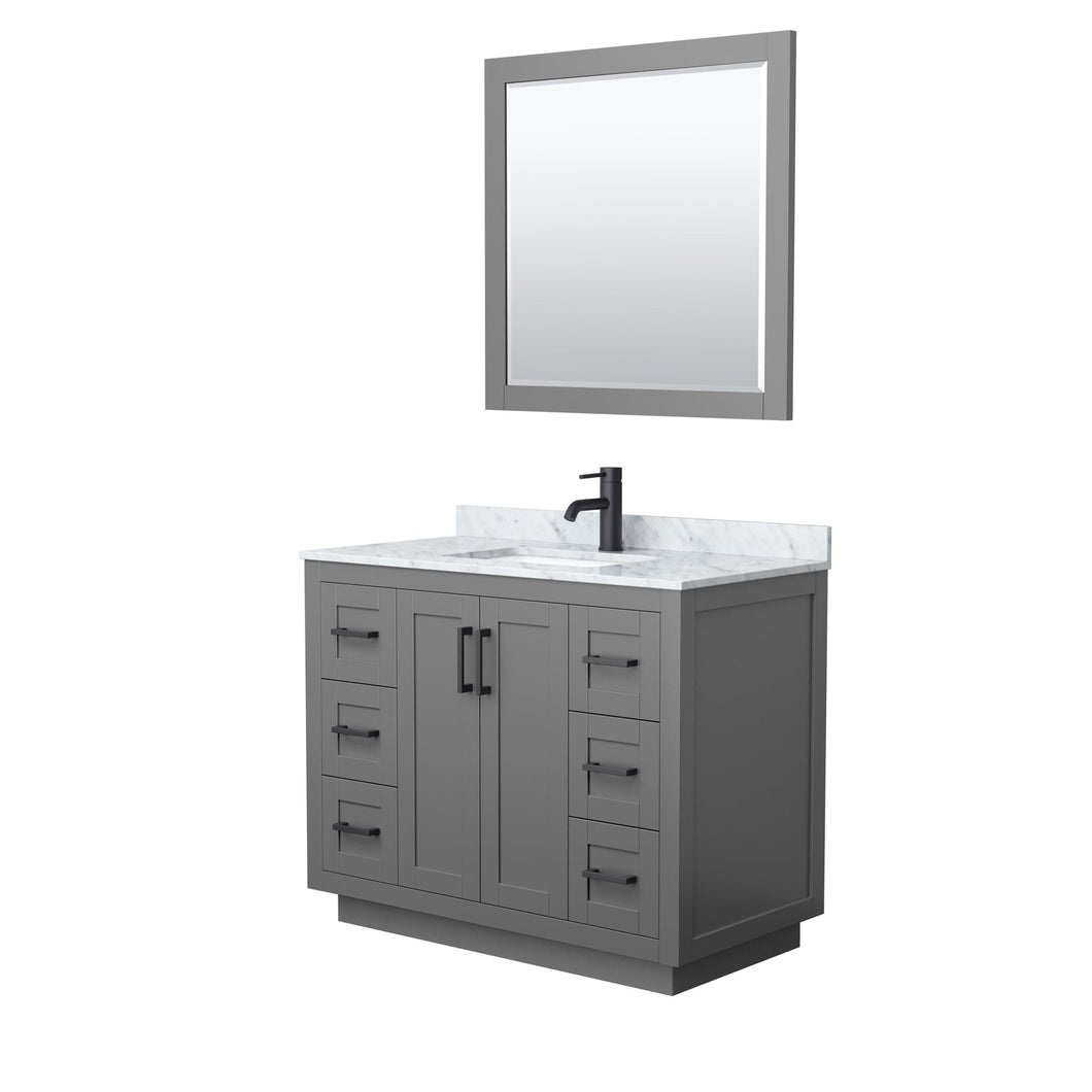 Wyndham Collection WCF292942SGBCMUNSM34 Miranda 42 Inch Single Bathroom Vanity in Dark Gray, White Carrara Marble Countertop, Undermount Square Sink, Matte Black Trim, 34 Inch Mirror