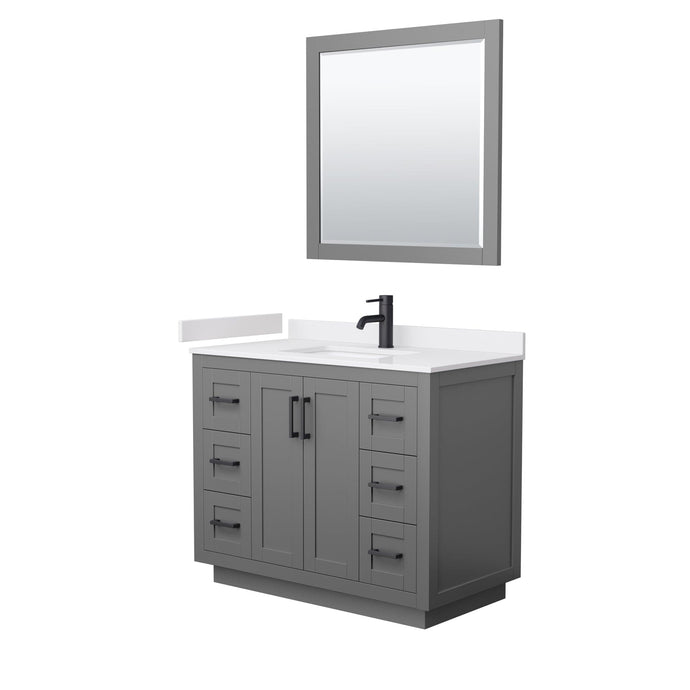 Wyndham Collection WCF292942SGBWCUNSM34 Miranda 42 Inch Single Bathroom Vanity in Dark Gray, White Cultured Marble Countertop, Undermount Square Sink, Matte Black Trim, 34 Inch Mirror