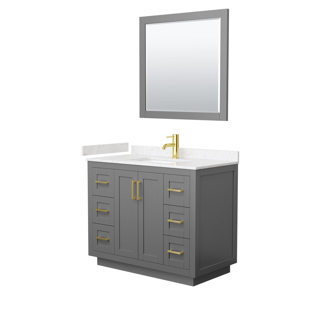 Wyndham Collection WCF292942SGGC2UNSM34 Miranda 42 Inch Single Bathroom Vanity in Dark Gray, Light-Vein Carrara Cultured Marble Countertop, Undermount Square Sink, Brushed Gold Trim, 34 Inch Mirror