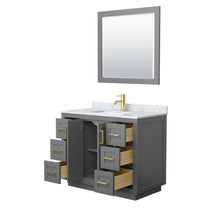 Load image into Gallery viewer, Wyndham Collection WCF292942SGGCMUNSM34 Miranda 42 Inch Single Bathroom Vanity in Dark Gray, White Carrara Marble Countertop, Undermount Square Sink, Brushed Gold Trim, 34 Inch Mirror
