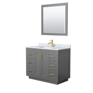 Wyndham Collection WCF292942SGGCMUNSM34 Miranda 42 Inch Single Bathroom Vanity in Dark Gray, White Carrara Marble Countertop, Undermount Square Sink, Brushed Gold Trim, 34 Inch Mirror
