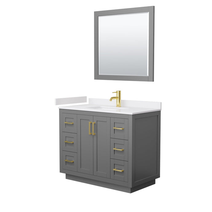 Wyndham Collection WCF292942SGGWCUNSM34 Miranda 42 Inch Single Bathroom Vanity in Dark Gray, White Cultured Marble Countertop, Undermount Square Sink, Brushed Gold Trim, 34 Inch Mirror