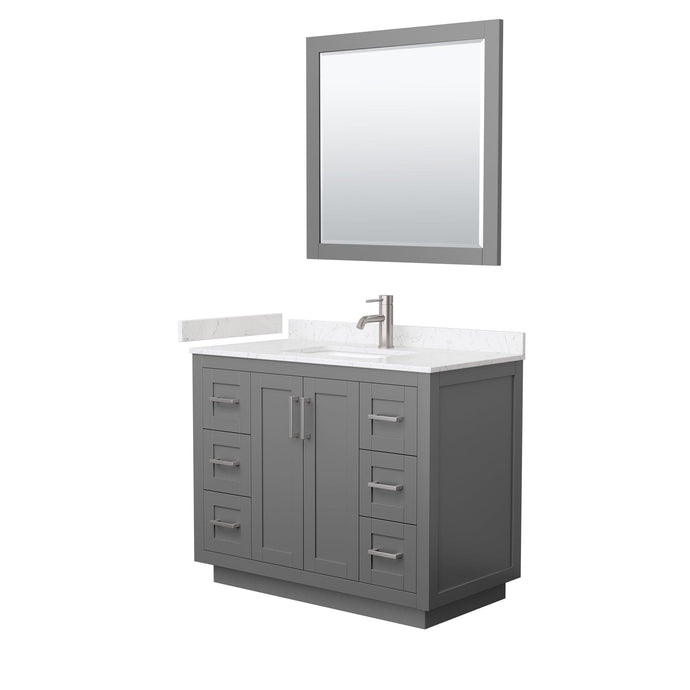 Wyndham Collection WCF292942SKGC2UNSM34 Miranda 42 Inch Single Bathroom Vanity in Dark Gray, Light-Vein Carrara Cultured Marble Countertop, Undermount Square Sink, Brushed Nickel Trim, 34 Inch Mirror