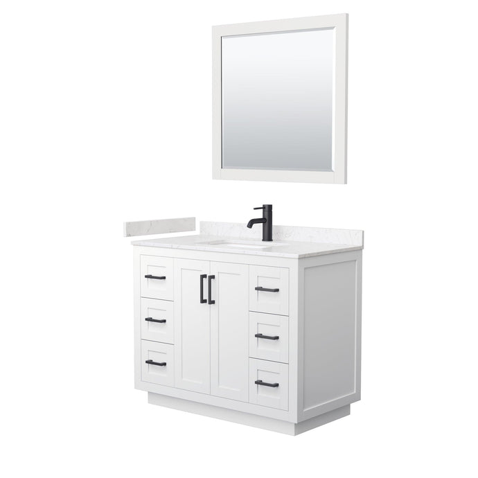 Wyndham Collection WCF292942SWBC2UNSM34 Miranda 42 Inch Single Bathroom Vanity in White, Light-Vein Carrara Cultured Marble Countertop, Undermount Square Sink, Matte Black Trim, 34 Inch Mirror