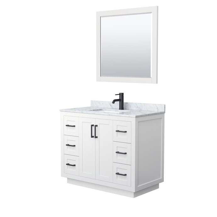 Wyndham Collection WCF292942SWBCMUNSM34 Miranda 42 Inch Single Bathroom Vanity in White, White Carrara Marble Countertop, Undermount Square Sink, Matte Black Trim, 34 Inch Mirror