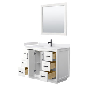Wyndham Collection WCF292942SWBWCUNSM34 Miranda 42 Inch Single Bathroom Vanity in White, White Cultured Marble Countertop, Undermount Square Sink, Matte Black Trim, 34 Inch Mirror