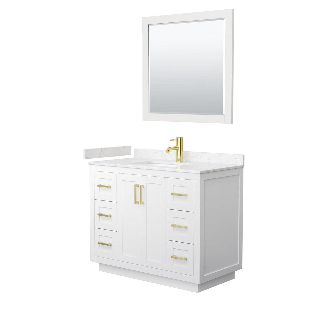 Wyndham Collection WCF292942SWGC2UNSM34 Miranda 42 Inch Single Bathroom Vanity in White, Light-Vein Carrara Cultured Marble Countertop, Undermount Square Sink, Brushed Gold Trim, 34 Inch Mirror
