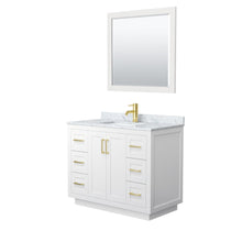 Load image into Gallery viewer, Wyndham Collection WCF292942SWGCMUNSM34 Miranda 42 Inch Single Bathroom Vanity in White, White Carrara Marble Countertop, Undermount Square Sink, Brushed Gold Trim, 34 Inch Mirror