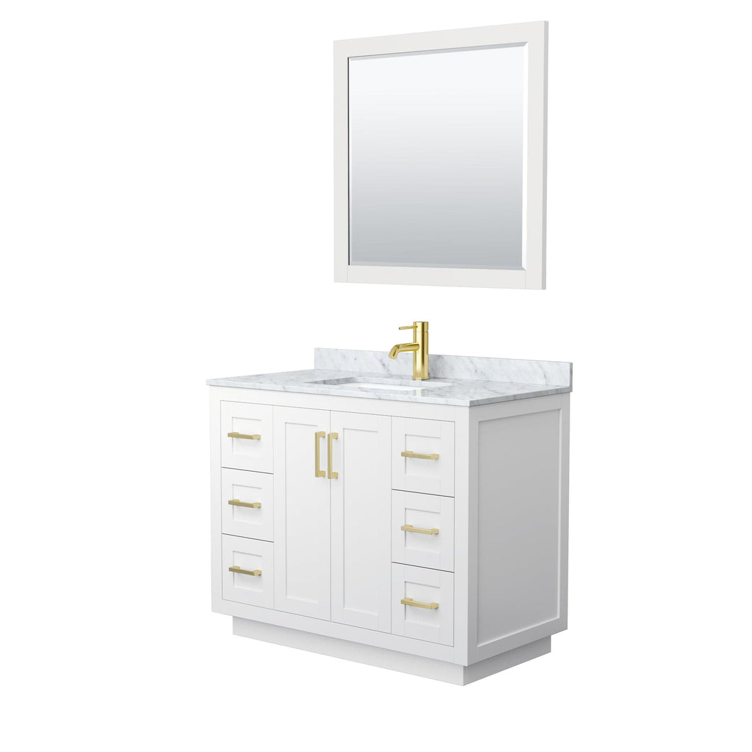 Wyndham Collection WCF292942SWGCMUNSM34 Miranda 42 Inch Single Bathroom Vanity in White, White Carrara Marble Countertop, Undermount Square Sink, Brushed Gold Trim, 34 Inch Mirror