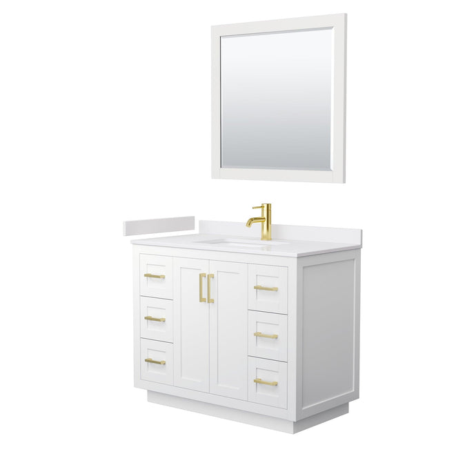 Wyndham Collection WCF292942SWGWCUNSM34 Miranda 42 Inch Single Bathroom Vanity in White, White Cultured Marble Countertop, Undermount Square Sink, Brushed Gold Trim, 34 Inch Mirror