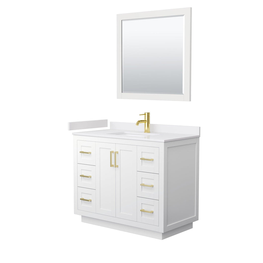 Wyndham Collection WCF292942SWGWCUNSM34 Miranda 42 Inch Single Bathroom Vanity in White, White Cultured Marble Countertop, Undermount Square Sink, Brushed Gold Trim, 34 Inch Mirror