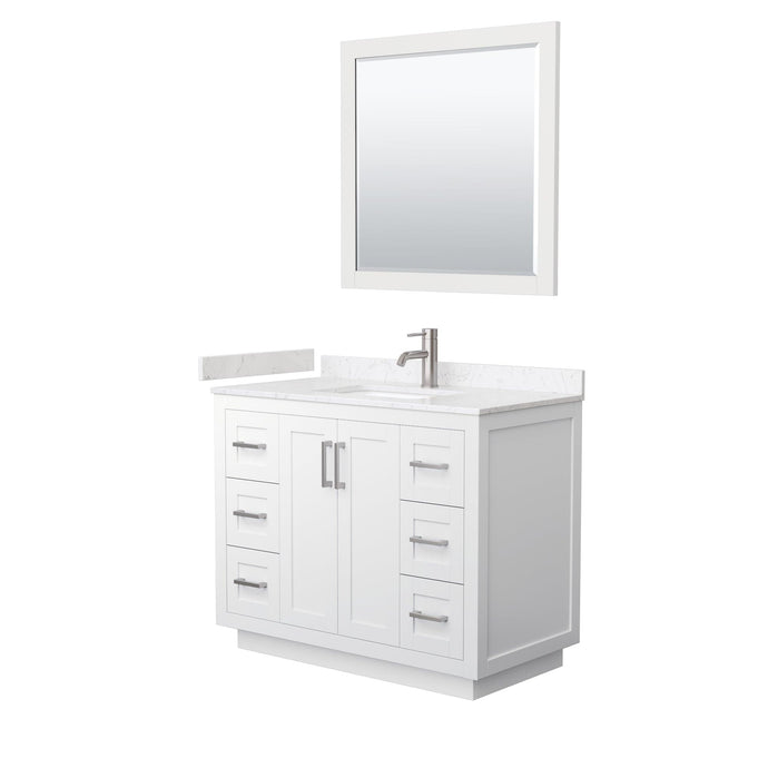 Wyndham Collection WCF292942SWHC2UNSM34 Miranda 42 Inch Single Bathroom Vanity in White, Light-Vein Carrara Cultured Marble Countertop, Undermount Square Sink, Brushed Nickel Trim, 34 Inch Mirror