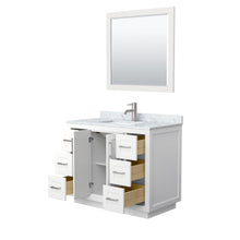 Load image into Gallery viewer, Wyndham Collection WCF292942SWHCMUNSM34 Miranda 42 Inch Single Bathroom Vanity in White, White Carrara Marble Countertop, Undermount Square Sink, Brushed Nickel Trim, 34 Inch Mirror