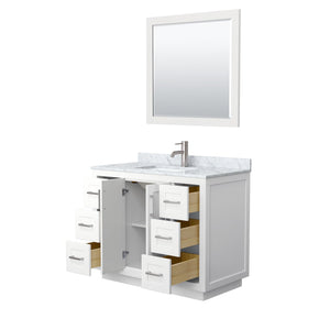 Wyndham Collection WCF292942SWHCMUNSM34 Miranda 42 Inch Single Bathroom Vanity in White, White Carrara Marble Countertop, Undermount Square Sink, Brushed Nickel Trim, 34 Inch Mirror