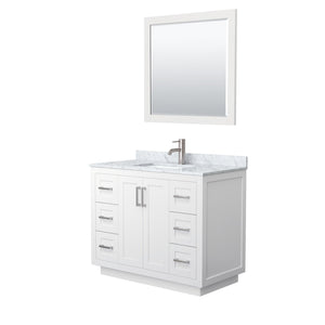 Wyndham Collection WCF292942SWHCMUNSM34 Miranda 42 Inch Single Bathroom Vanity in White, White Carrara Marble Countertop, Undermount Square Sink, Brushed Nickel Trim, 34 Inch Mirror