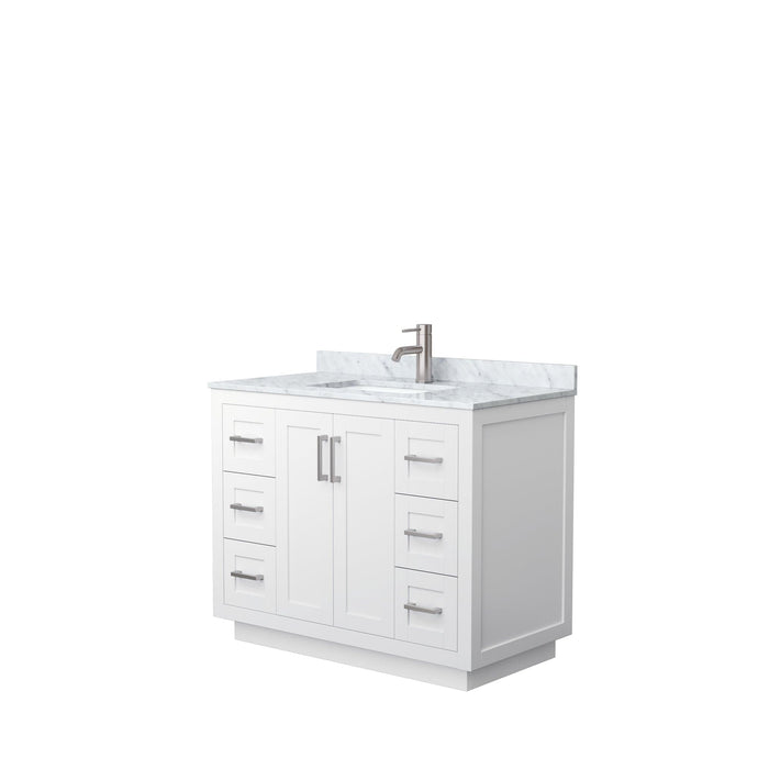 Wyndham Collection WCF292942SWHCMUNSMXX Miranda 42 Inch Single Bathroom Vanity in White, White Carrara Marble Countertop, Undermount Square Sink, Brushed Nickel Trim