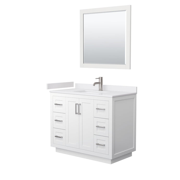 Wyndham Collection WCF292942SWHWCUNSM34 Miranda 42 Inch Single Bathroom Vanity in White, White Cultured Marble Countertop, Undermount Square Sink, Brushed Nickel Trim, 34 Inch Mirror