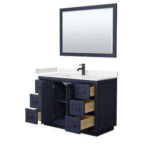 Wyndham Collection WCF292948SBBC2UNSM46 Miranda 48 Inch Single Bathroom Vanity in Dark Blue, Light-Vein Carrara Cultured Marble Countertop, Undermount Square Sink, Matte Black Trim, 46 Inch Mirror