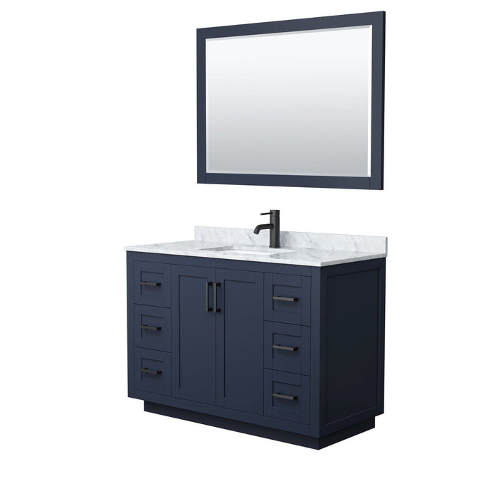Wyndham Collection WCF292948SBBCMUNSM46 Miranda 48 Inch Single Bathroom Vanity in Dark Blue, White Carrara Marble Countertop, Undermount Square Sink, Matte Black Trim, 46 Inch Mirror