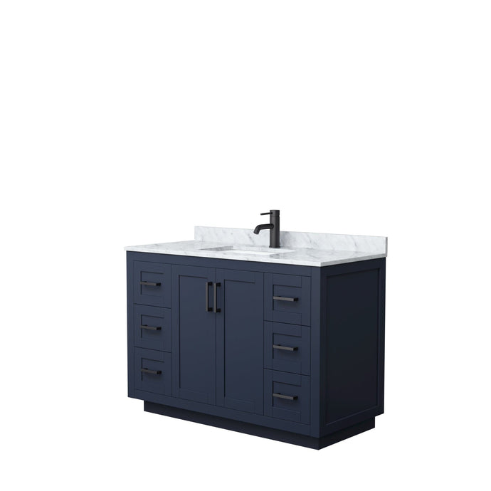 Wyndham Collection WCF292948SBBCMUNSMXX Miranda 48 Inch Single Bathroom Vanity in Dark Blue, White Carrara Marble Countertop, Undermount Square Sink, Matte Black Trim
