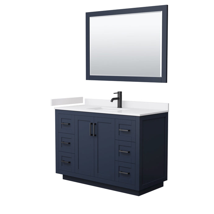 Wyndham Collection WCF292948SBBWCUNSM46 Miranda 48 Inch Single Bathroom Vanity in Dark Blue, White Cultured Marble Countertop, Undermount Square Sink, Matte Black Trim, 46 Inch Mirror