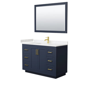 Wyndham Collection WCF292948SBLC2UNSM46 Miranda 48 Inch Single Bathroom Vanity in Dark Blue, Light-Vein Carrara Cultured Marble Countertop, Undermount Square Sink, Brushed Gold Trim, 46 Inch Mirror