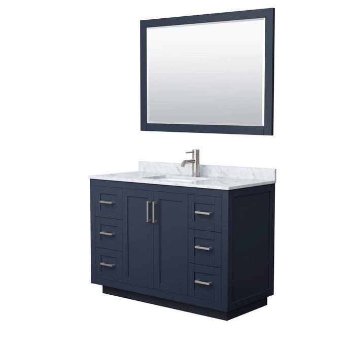 Wyndham Collection WCF292948SBNCMUNSM46 Miranda 48 Inch Single Bathroom Vanity in Dark Blue, White Carrara Marble Countertop, Undermount Square Sink, Brushed Nickel Trim, 46 Inch Mirror