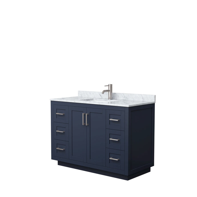Wyndham Collection WCF292948SBNCMUNSMXX Miranda 48 Inch Single Bathroom Vanity in Dark Blue, White Carrara Marble Countertop, Undermount Square Sink, Brushed Nickel Trim