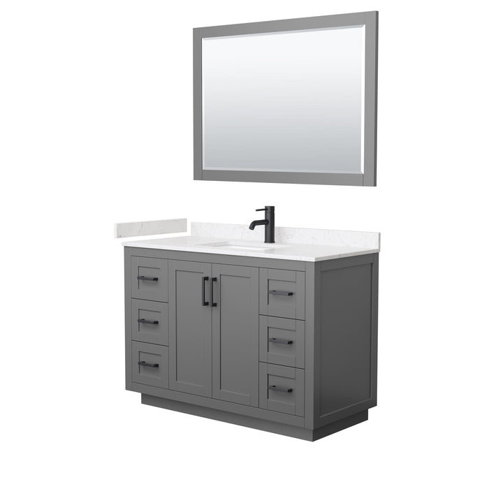 Wyndham Collection WCF292948SGBC2UNSM46 Miranda 48 Inch Single Bathroom Vanity in Dark Gray, Light-Vein Carrara Cultured Marble Countertop, Undermount Square Sink, Matte Black Trim, 46 Inch Mirror