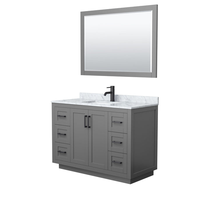 Wyndham Collection WCF292948SGBCMUNSM46 Miranda 48 Inch Single Bathroom Vanity in Dark Gray, White Carrara Marble Countertop, Undermount Square Sink, Matte Black Trim, 46 Inch Mirror