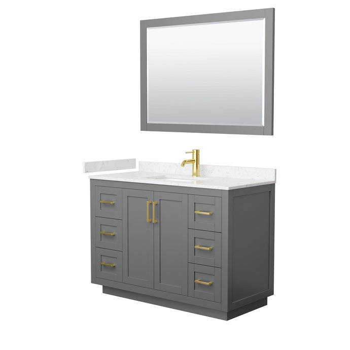 Wyndham Collection WCF292948SGGC2UNSM46 Miranda 48 Inch Single Bathroom Vanity in Dark Gray, Light-Vein Carrara Cultured Marble Countertop, Undermount Square Sink, Brushed Gold Trim, 46 Inch Mirror