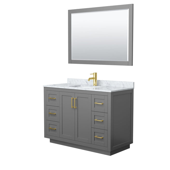 Wyndham Collection WCF292948SGGCMUNSM46 Miranda 48 Inch Single Bathroom Vanity in Dark Gray, White Carrara Marble Countertop, Undermount Square Sink, Brushed Gold Trim, 46 Inch Mirror
