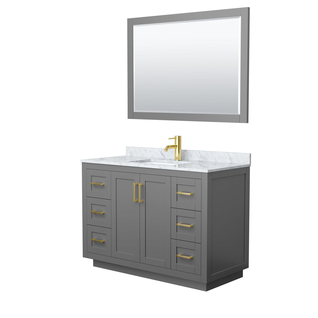 Wyndham Collection WCF292948SGGCMUNSM46 Miranda 48 Inch Single Bathroom Vanity in Dark Gray, White Carrara Marble Countertop, Undermount Square Sink, Brushed Gold Trim, 46 Inch Mirror