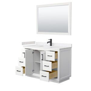 Wyndham Collection WCF292948SWBC2UNSM46 Miranda 48 Inch Single Bathroom Vanity in White, Light-Vein Carrara Cultured Marble Countertop, Undermount Square Sink, Matte Black Trim, 46 Inch Mirror