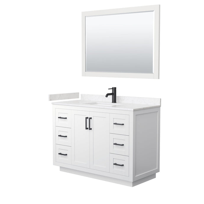 Wyndham Collection WCF292948SWBC2UNSM46 Miranda 48 Inch Single Bathroom Vanity in White, Light-Vein Carrara Cultured Marble Countertop, Undermount Square Sink, Matte Black Trim, 46 Inch Mirror